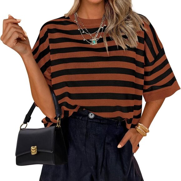 Women's Lightweight Knit Short Sleeve Top Spring Summer Crew Neck Oversized - Picture 1 of 8